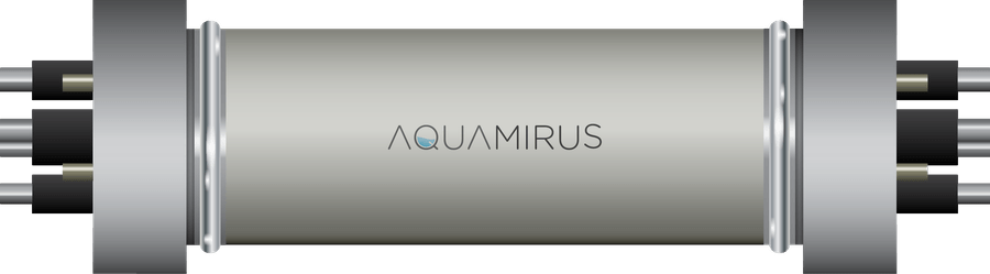 Aquamirus E.C.A. sistemine ait silindirik elektrokimyasal reaktör; iki ucunda giriş ve çıkış bağlantıları